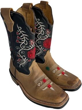 HANY Brown Leather Square Toe Cowgirl Boots Red Rose Floral Embroidery Size 6.5